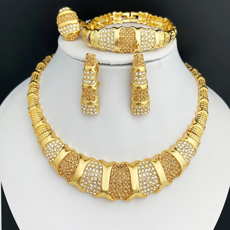 Dubai 18K Gold Plated Luxury Jewelry Set – Women’s Necklace, Earrings, Bracelet & Ring for Wedding and Party