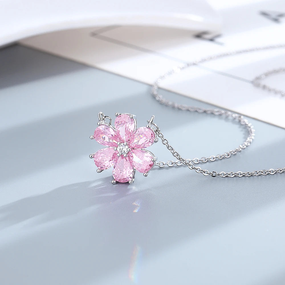 FCGJHW Pink Zircon Crystal Flower Jewelry Set – Fashion Wedding Necklace, Earrings, Bracelet & Ring for Women
