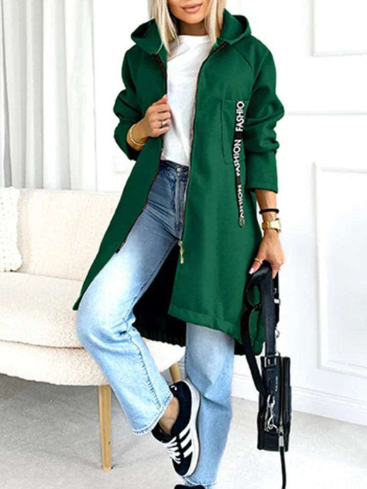 Women’s Casual Letter Printed Long Hoodie Jacket – Zipper Overcoat for Autumn & Winter | Sporty Streetwear Outerwear