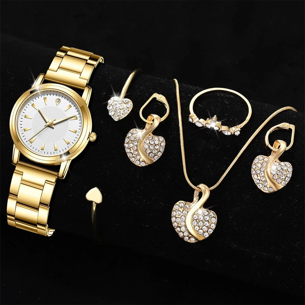 Women’s Quartz Watch & Jewelry Set – Gold Rhinestone Necklace, Ring & Earrings Luxury Fashion Wristwatch