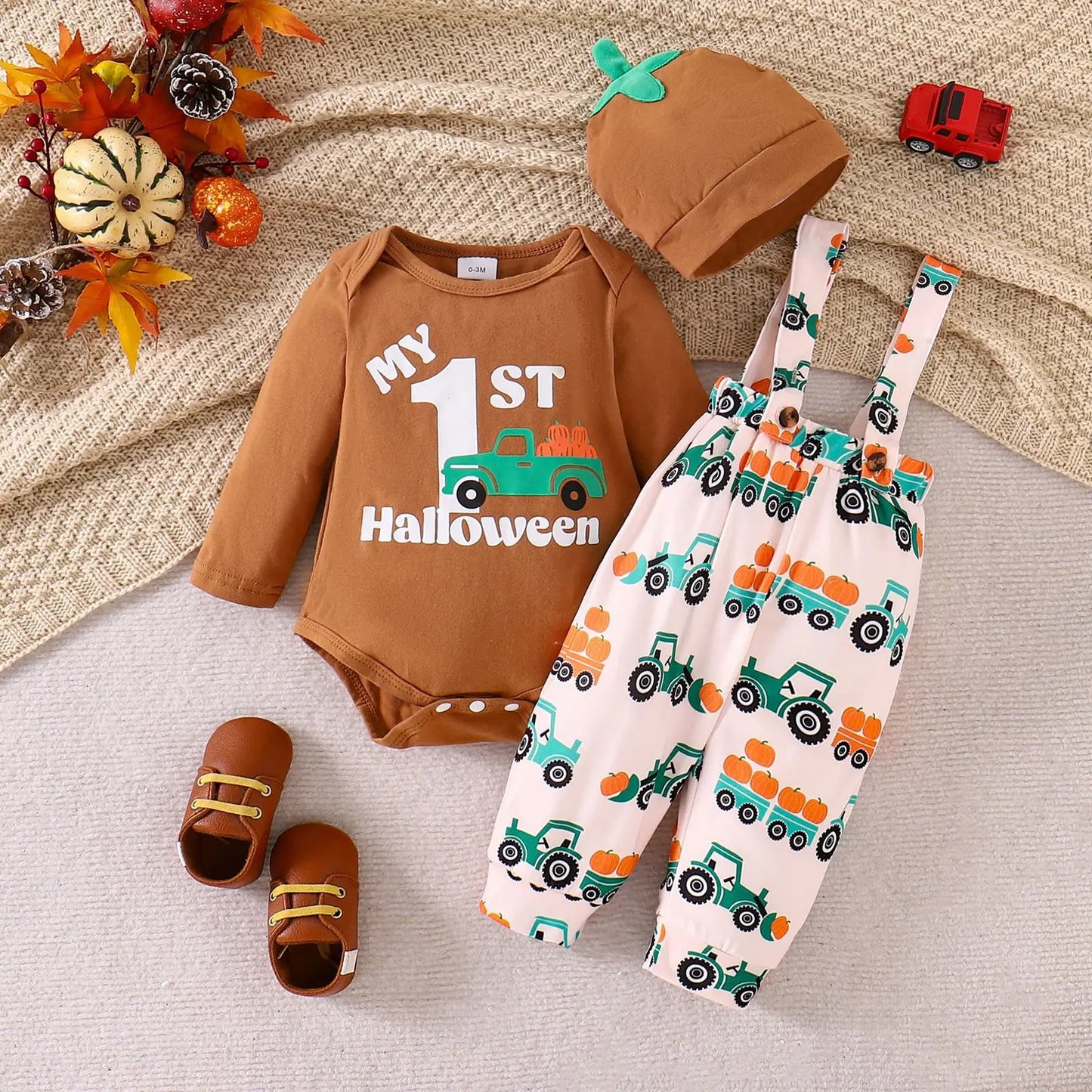 Ceeniu My First Halloween Baby Outfit – Boys Long Sleeve Letter Romper with Suspender Pants & Hat, Newborn Costume