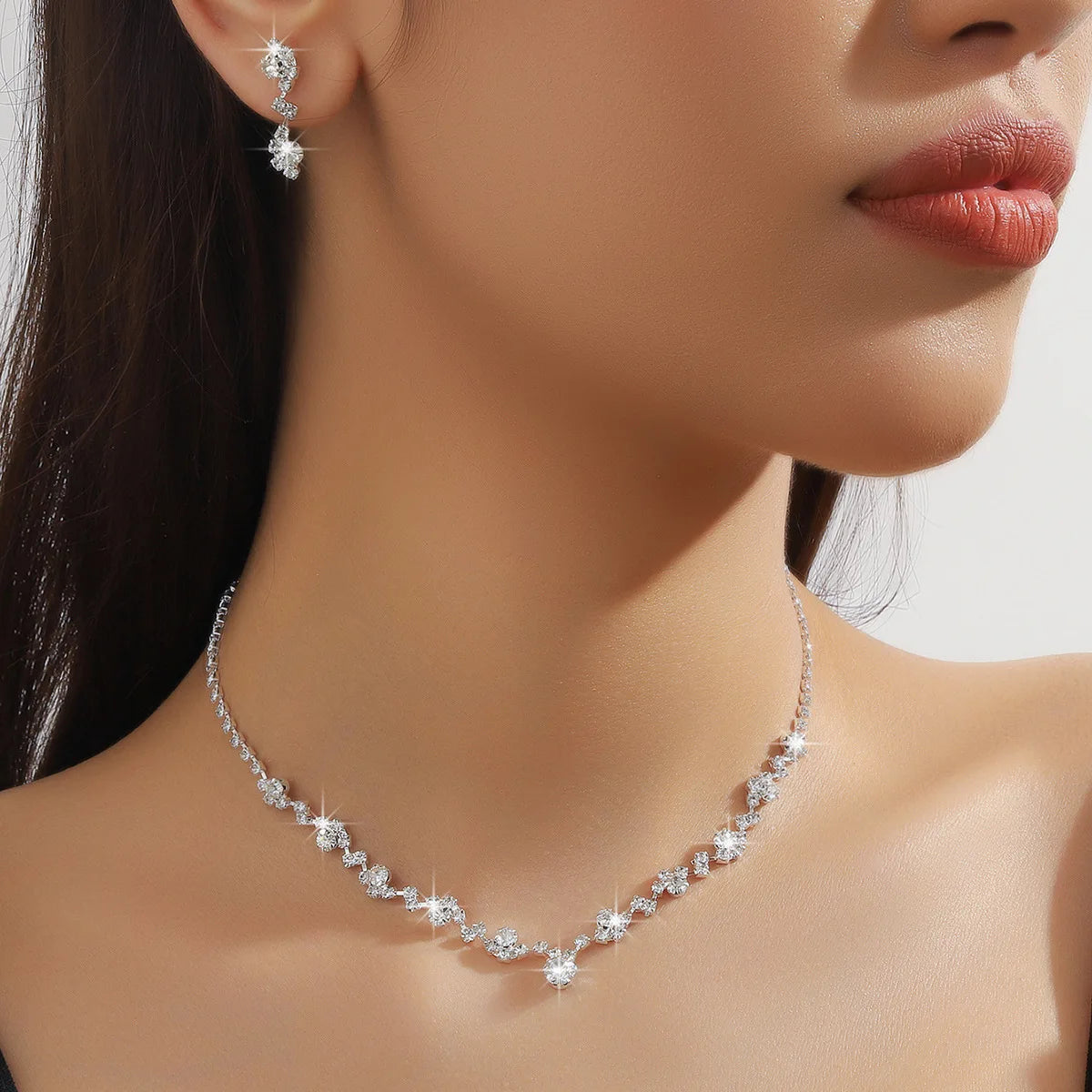 Elegant Rhinestone Necklace & Earrings Set – Bridal Wedding Jewelry Accessories for Women