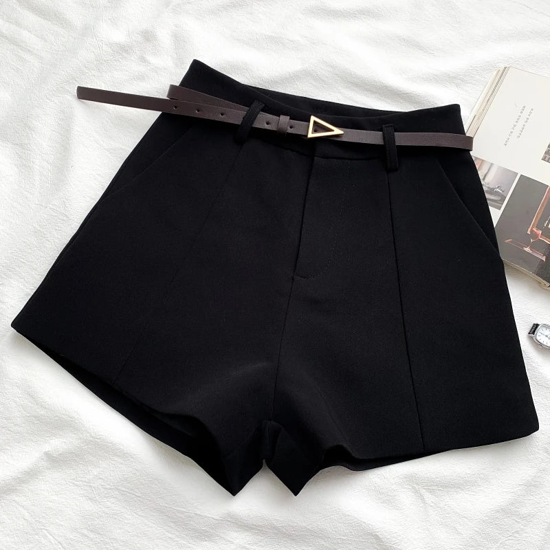 Women Casual A-line High Waist Shorts with Belt – Chic Office Lady Vintage Style Trousers for Spring & Summer