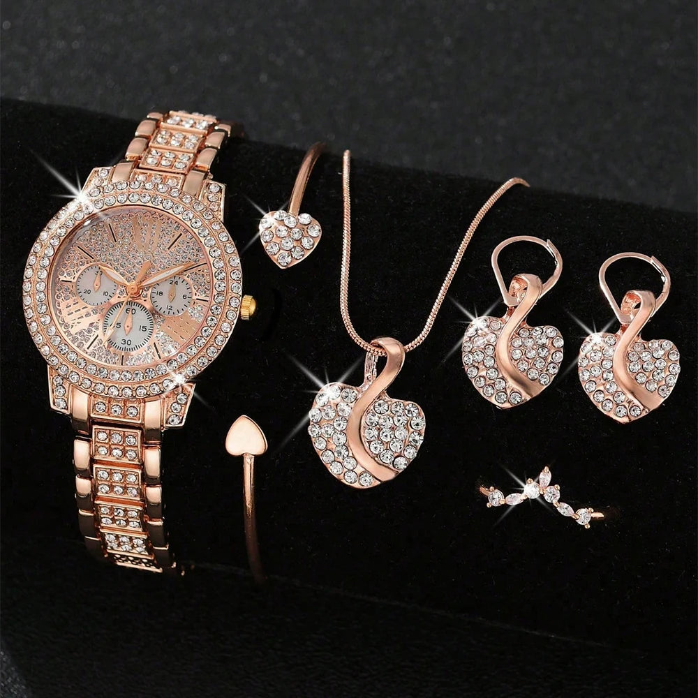 Women’s Quartz Watch & Jewelry Set – Gold Rhinestone Necklace, Ring & Earrings Luxury Fashion Wristwatch