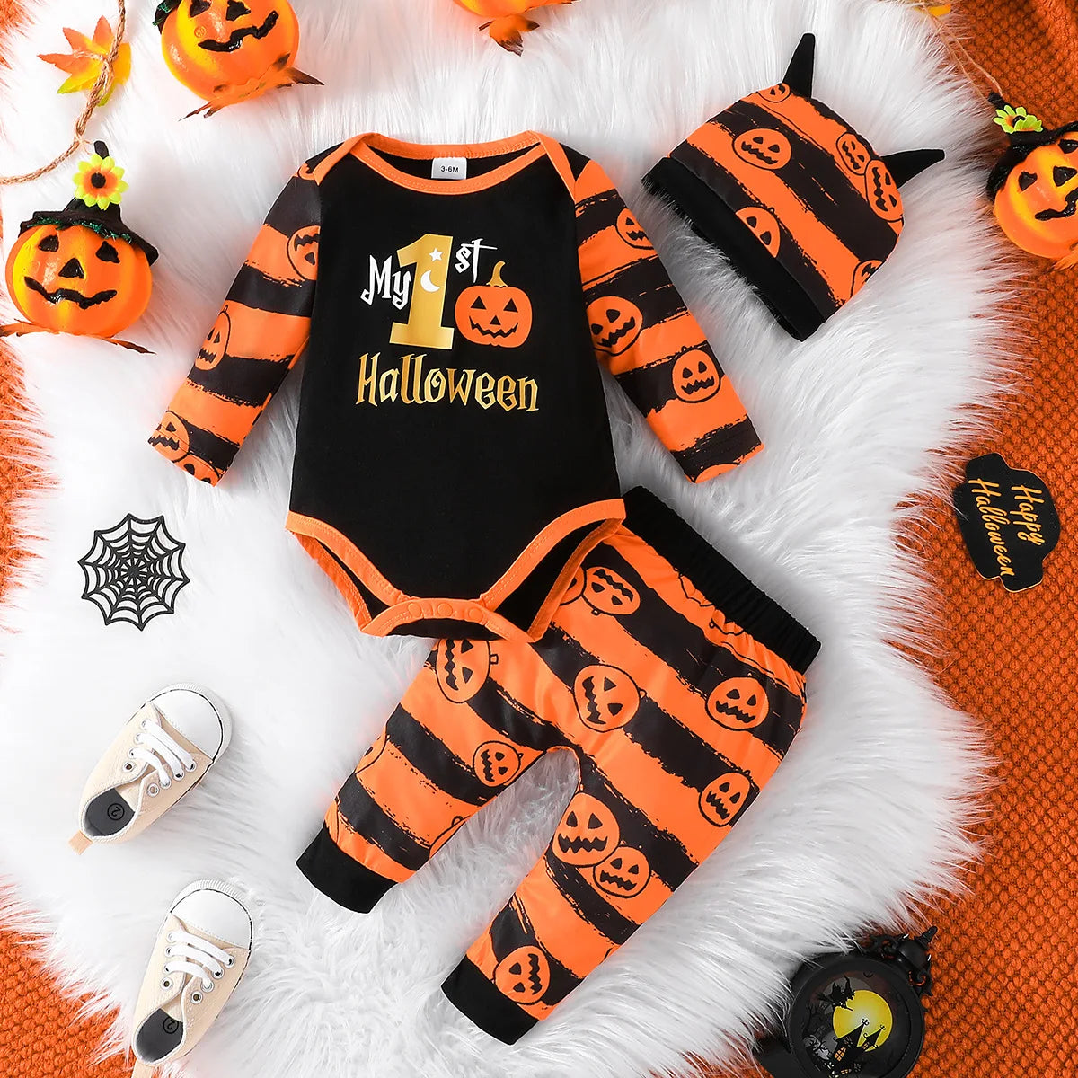 Ceeniu My First Halloween Baby Outfit – Boys Long Sleeve Letter Romper with Suspender Pants & Hat, Newborn Costume