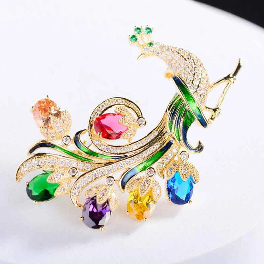 Luxury Multicolor Peacock Brooch – Elegant Zircon Crystal Pin Jewelry Gift for Women
