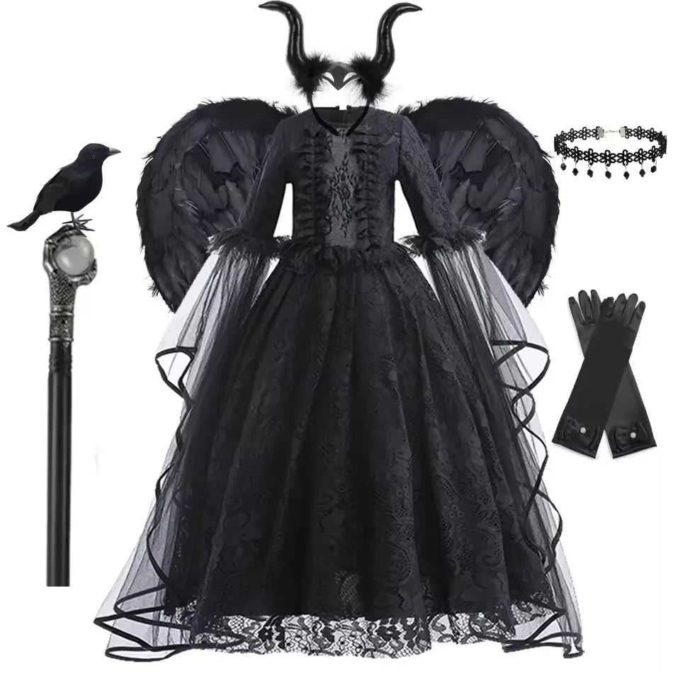2025 Halloween Kids Evil Witch Costume – Maleficent-Inspired Black Tulle Dress for Fantasy Party & Cosplay