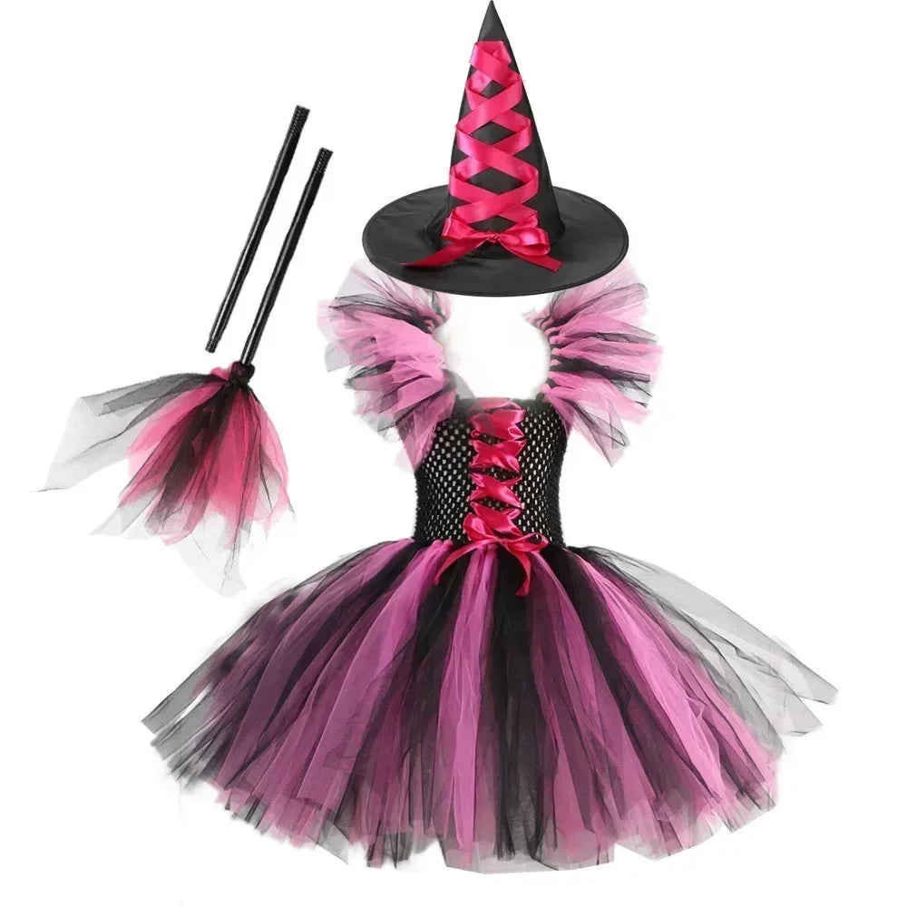 2025 Halloween Girls Witch Costume – Cosplay Tutu Knee Dress with Hat and Broom for Kids’ Carnival & Party
