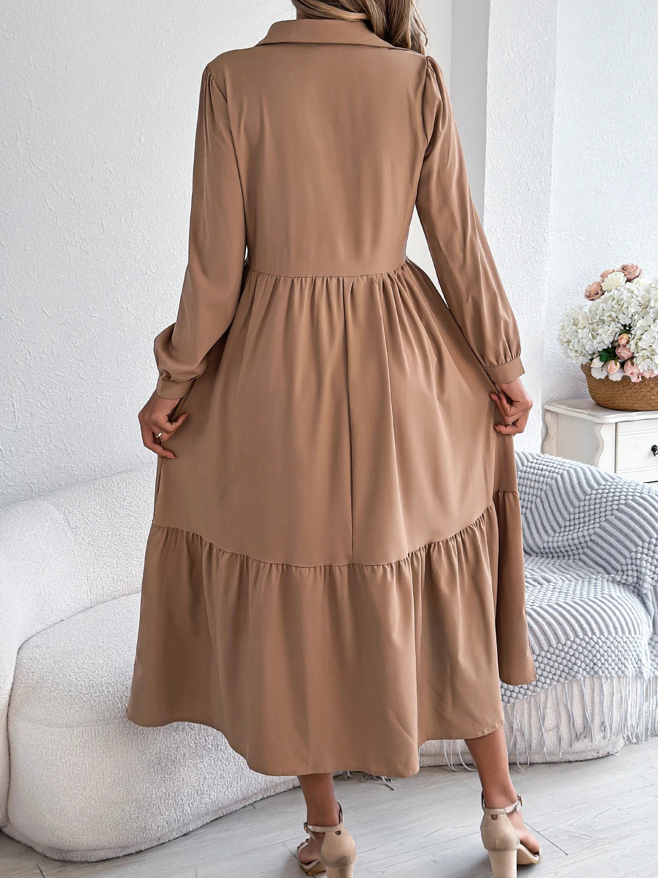 Women’s Casual Vacation Shirt Dress – Long Sleeve Turn-Down Collar Single-Breasted Spring & Autumn Dress