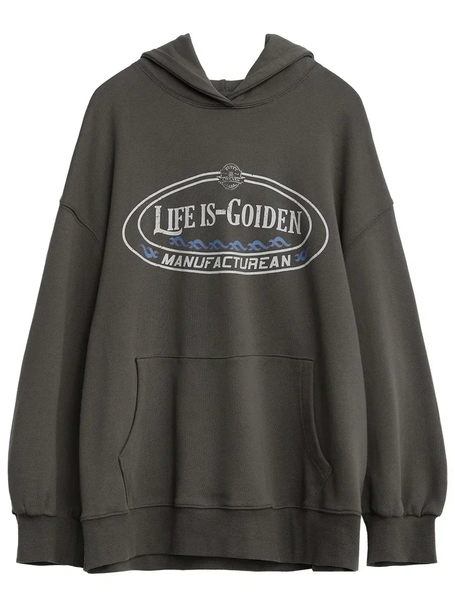 CHIC VEN Women’s Sweatshirt – Retro Letter Printed Hoodie, Loose Cotton Streetwear Top for Spring & Autumn