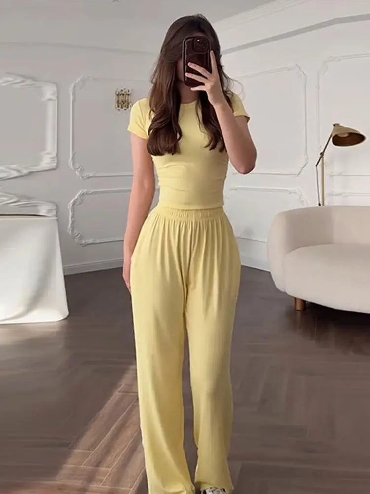 Women’s 3-Piece Casual Suit Set – Long Cardigan + O-Neck Slim Top + Wide Leg Pants | 2025 Summer Autumn Fashion Outfit