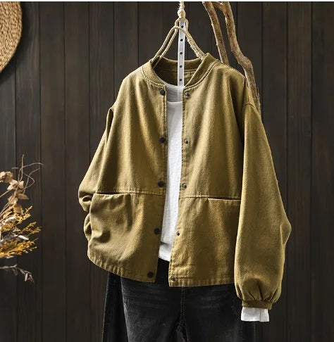 Women’s Casual Cotton Coat – 2025 Autumn Solid Color Loose Short Jacket with Double Pockets | Simple Everyday Style (T647)