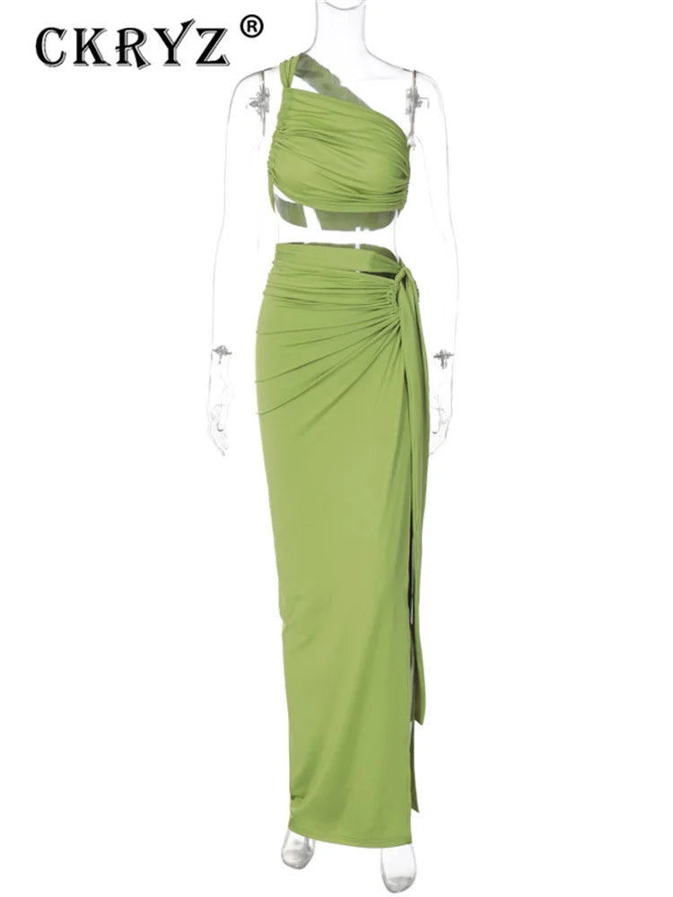 Ladies Summer 2-Piece Set – Sleeveless Backless Crop Top & Side-Slit Slim Long Skirt for Evening, Party, Club, and Streetwear