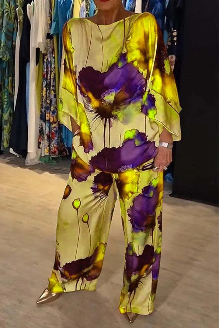 Women’s Satin Two-Piece Set – Summer Printed Round Neck Top & Wide-Leg Pants | Elegant Casual Fashion Outfit 2025