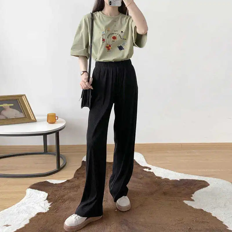Women’s Casual Straight Pants – Elastic Waist Soft Trousers | Summer All-Match Streetwear 2025