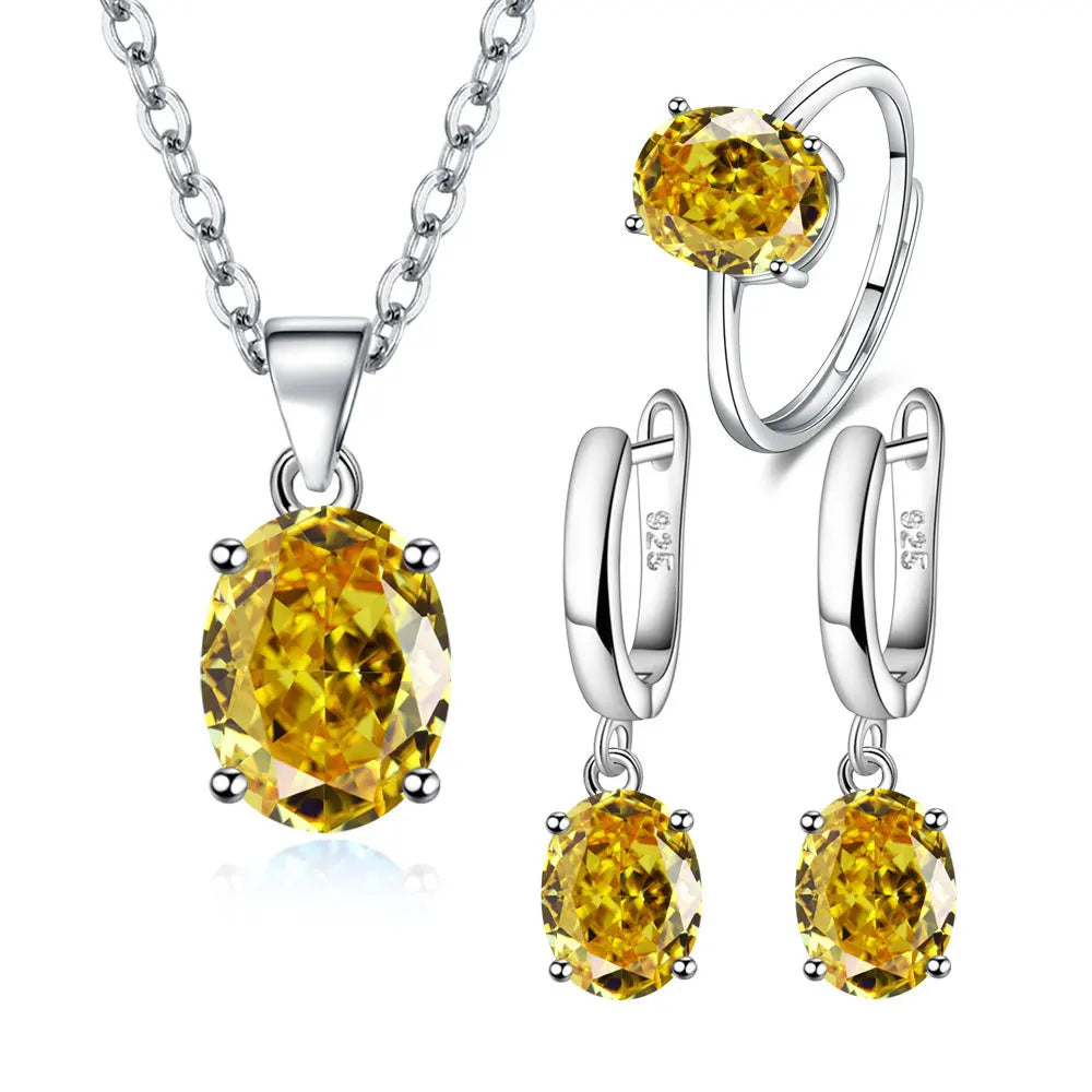 925 Sterling Silver Women’s Jewelry Set – Elegant Ellipse Zircon Ring, Necklace & Earrings
