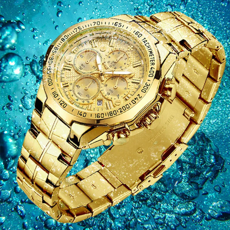 WWOOR Men’s Luxury Gold Chronograph Watch – Big Dial Waterproof Quartz Wristwatch