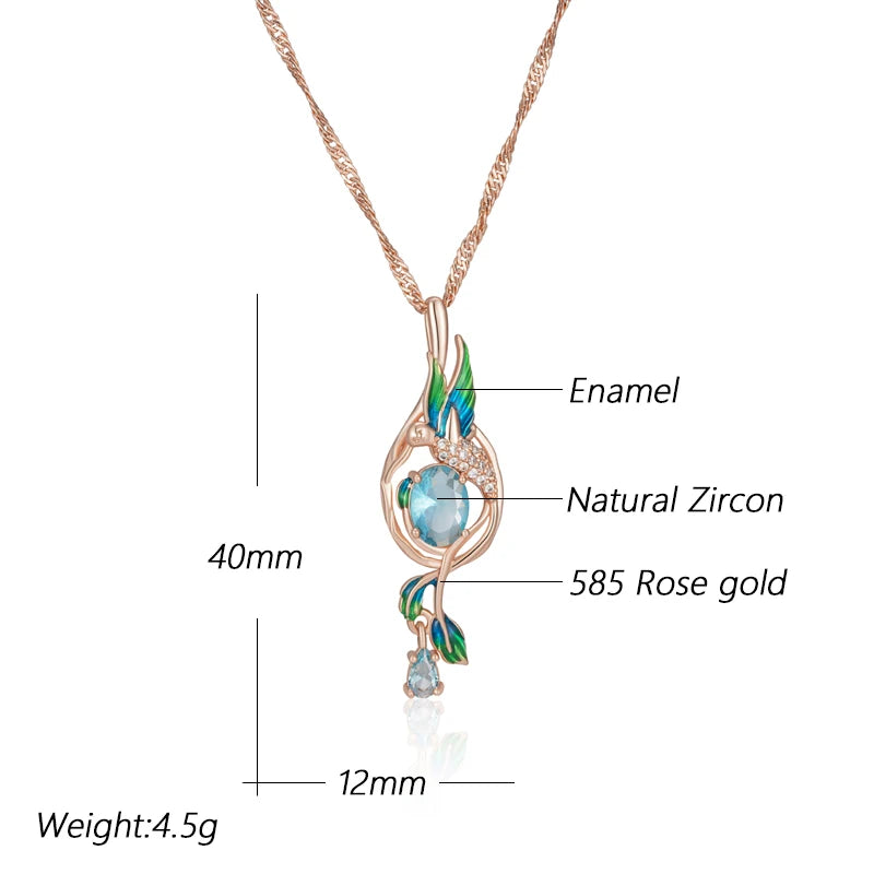 Kinel Colorful Enamel Peacock Pendant Necklace – 585 Rose Gold Color with Blue Zircon, Elegant Daily Jewelry for Women