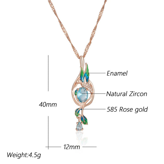 Kinel Colorful Enamel Peacock Pendant Necklace โ 585 Rose Gold Color with Blue Zircon, Elegant Daily Jewelry for Women