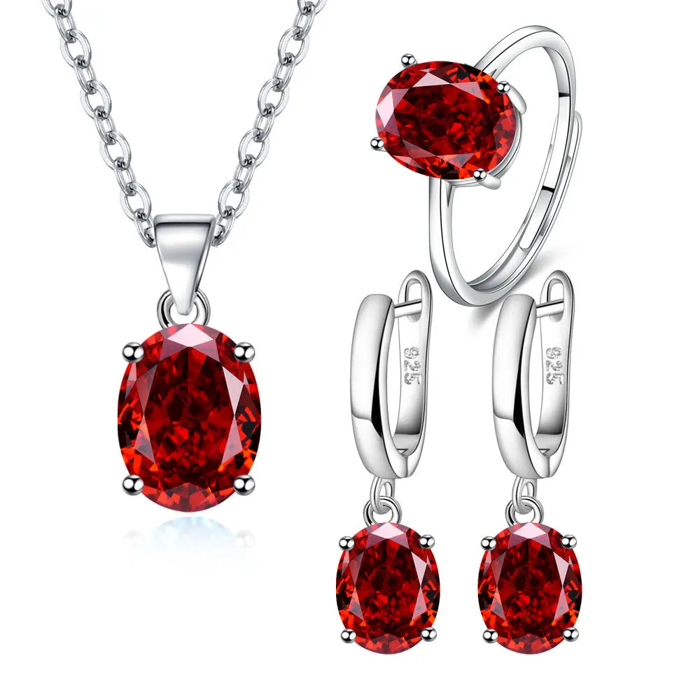 925 Sterling Silver Women’s Jewelry Set – Elegant Ellipse Zircon Ring, Necklace & Earrings