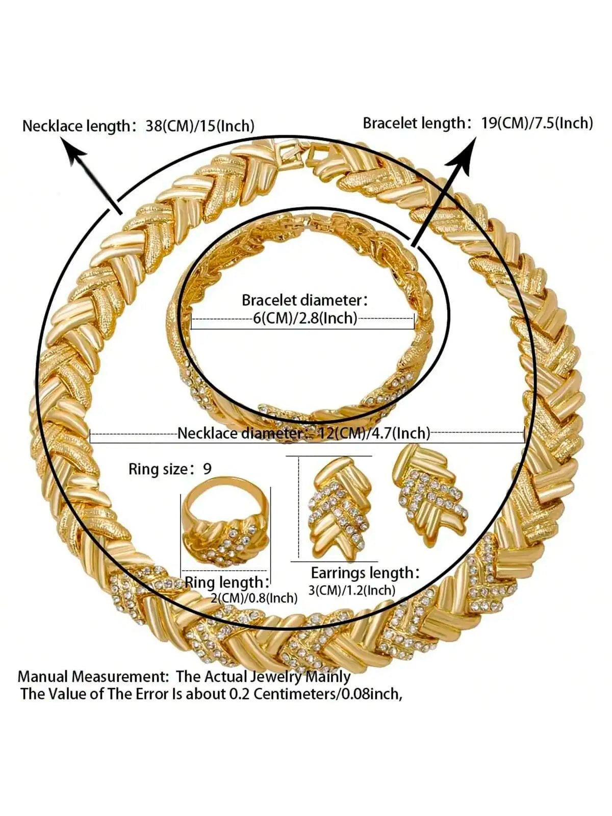 Dubai 18K Gold Plated Luxury Jewelry Set – Women’s Necklace, Earrings, Bracelet & Ring for Wedding and Party