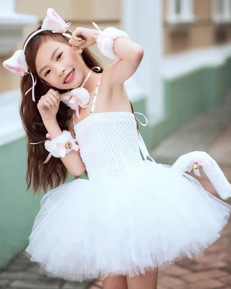White Cat Tutu Dress for Girls – Carnival & Halloween Costume, Toddler Animal Cosplay Outfit for Birthday Party