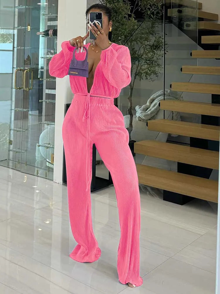 Women’s Casual 2-Piece Lounge Set – Draped Top & Elastic Wrap Pants | Fall Outfits Wholesale Dropshipping