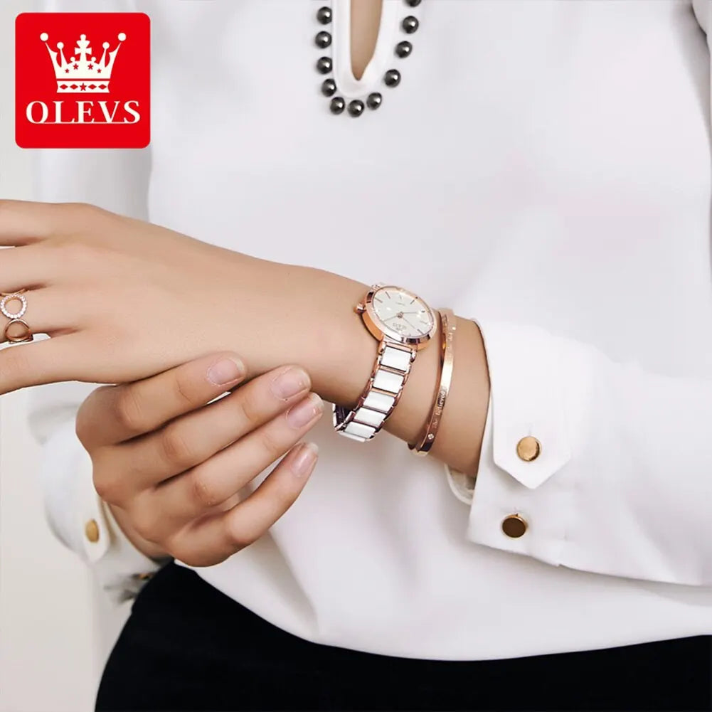 OLEVS Luxury Women’s Rose Gold Quartz Watch – Fashion Ceramic Strap Elegant Wristwatch