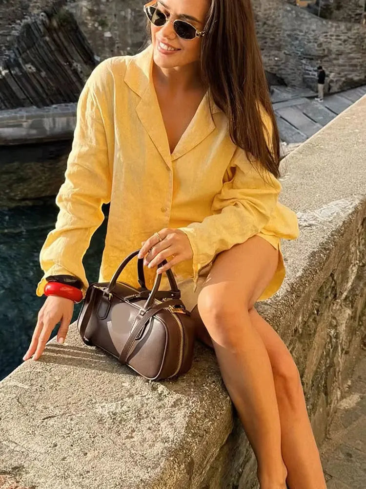 Women’s Casual Yellow 2-Piece Set – V-Neck Long Sleeve Top & Shorts Outfit for Spring/Summer 2025
