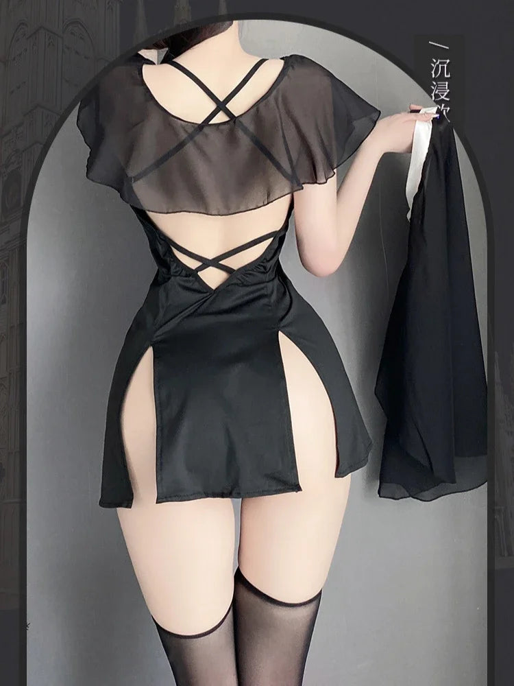 Women’s Halloween Nun Cosplay Costume – Gothic Style Mini Dress with Headpiece
