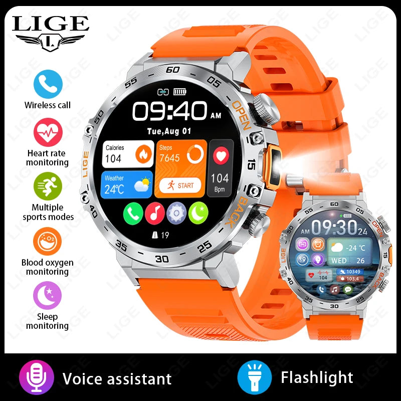 LIGE 2025 Smart Watch for Men – 360×360 AMOLED HD Display Waterproof Fitness Smartwatch with Flashlight (Android & iOS Compatible)