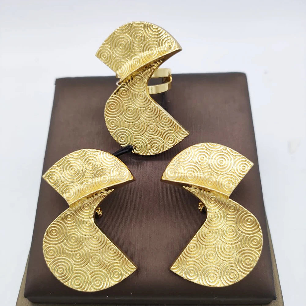 Dubai 18K Gold Plated Jewelry Set – Elegant Earrings & Ring for Women, Arabic Nigerian Bridal Wedding Accessories