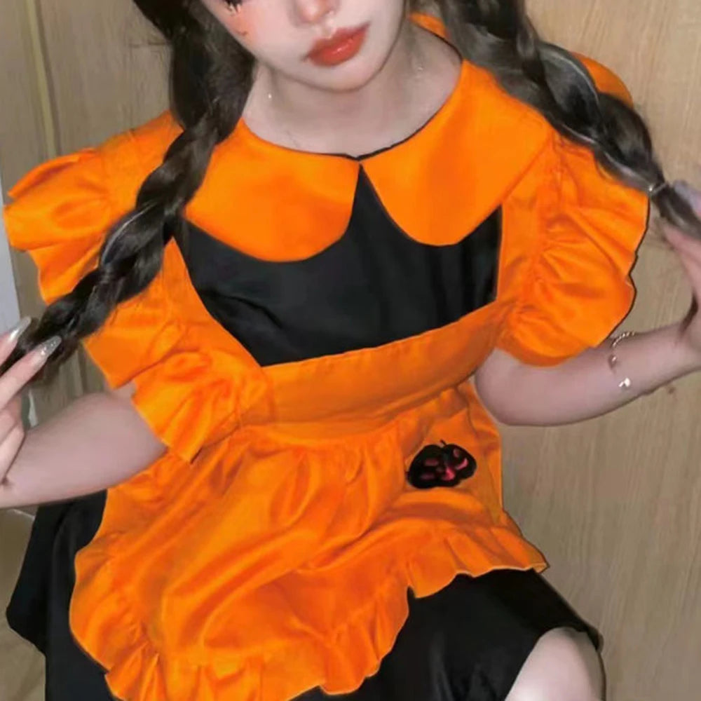2025 Halloween Women’s Cosplay Costume – Anime Pumpkin Maid Embroidered Dress for Restaurant, Birthday & Party