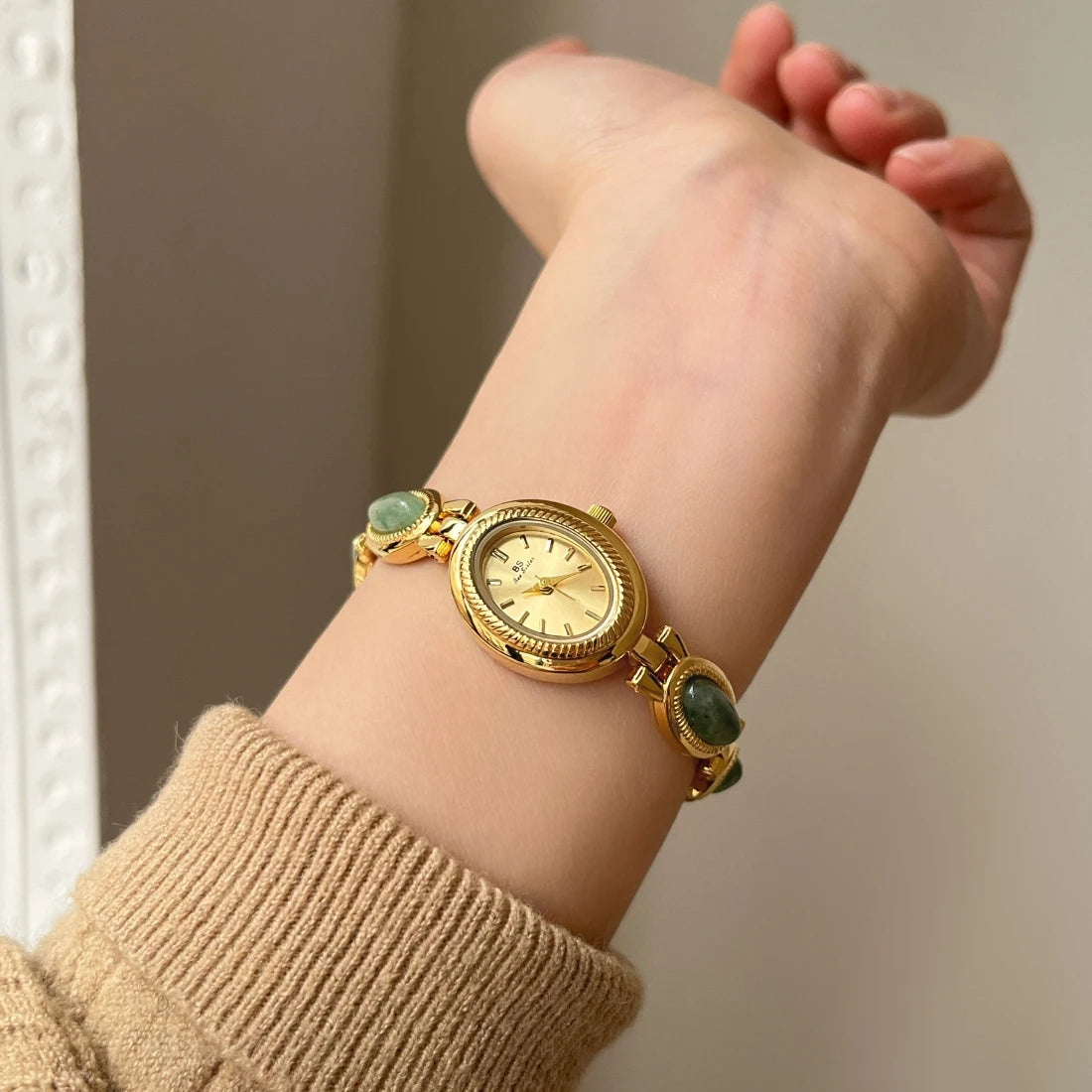 High-End Luxury Green Jade Quartz Watch – Elegant Women’s Bracelet Wristwatch, Fashion Jewelry Gift