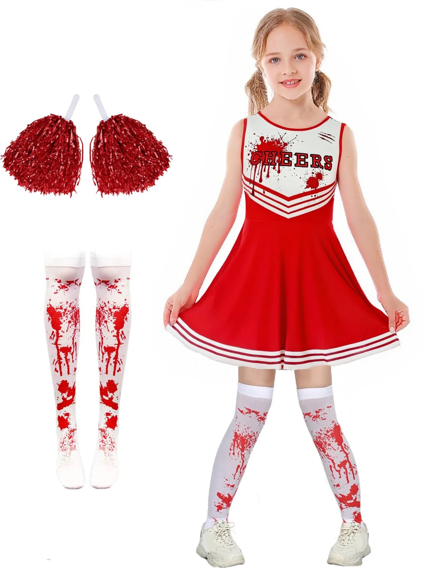 2025 Halloween Kids Costume – Scary Blood Cosplay Cheerleader Dress with Hand Flower Props for Girls