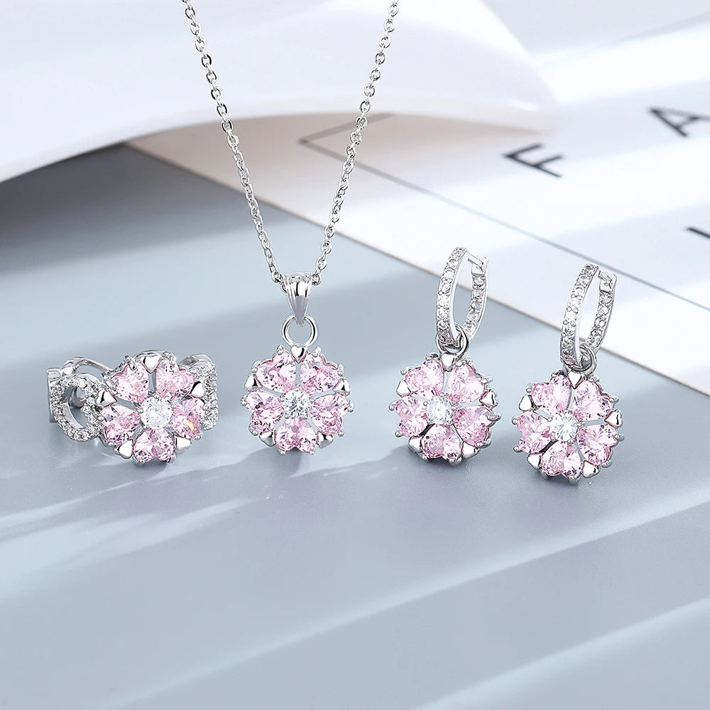 FCGJHW Pink Zircon Crystal Flower Jewelry Set – Fashion Wedding Necklace, Earrings, Bracelet & Ring for Women