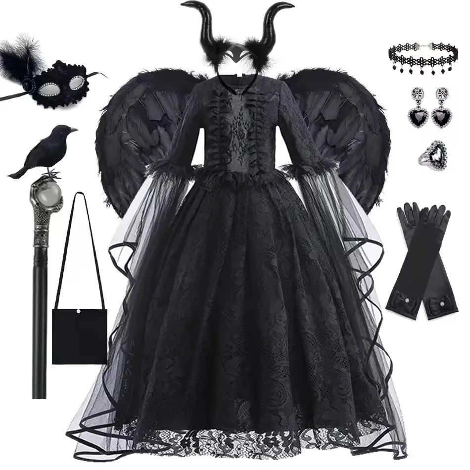 2025 Halloween Kids Evil Witch Costume – Maleficent-Inspired Black Tulle Dress for Fantasy Party & Cosplay