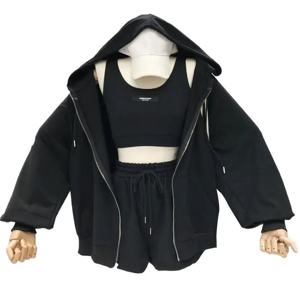 Women’s 3-Piece Casual Activewear Set – Hoodie, Drawstring Shorts & Vest | Sportswear & Lounge Outfit