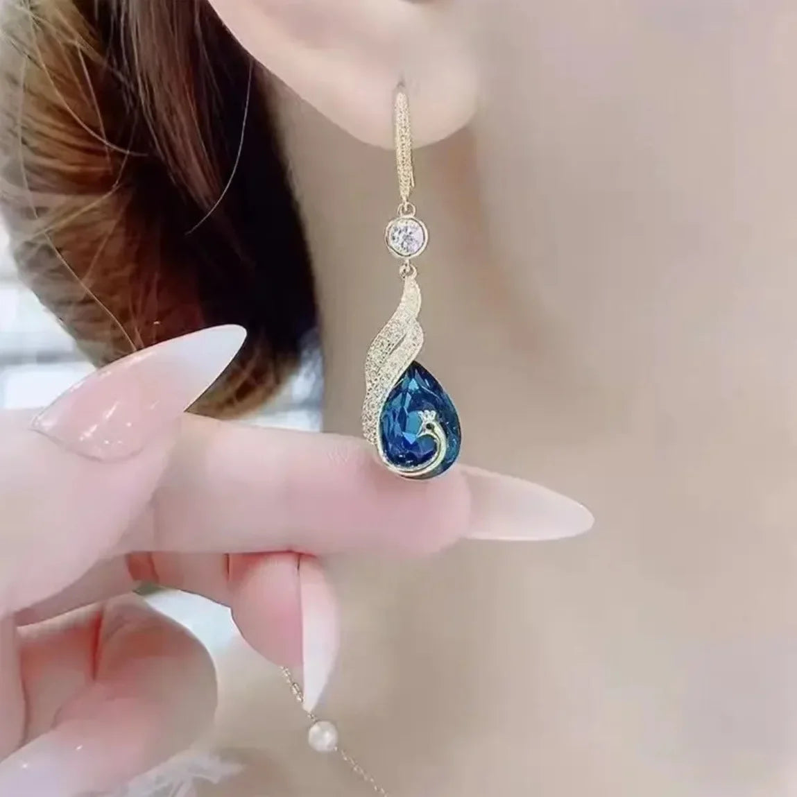 Elegant Blue Peacock Crystal Jewelry Set – Long Tassel Necklace & Earrings for Women, Vintage Luxury Party Gift