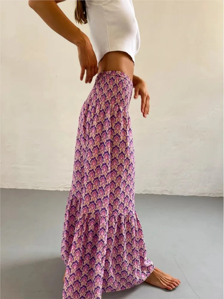 Women’s Boho Maxi Skirt – Vintage Floral Print Elastic Waist Beach Skirt for Spring & Summer