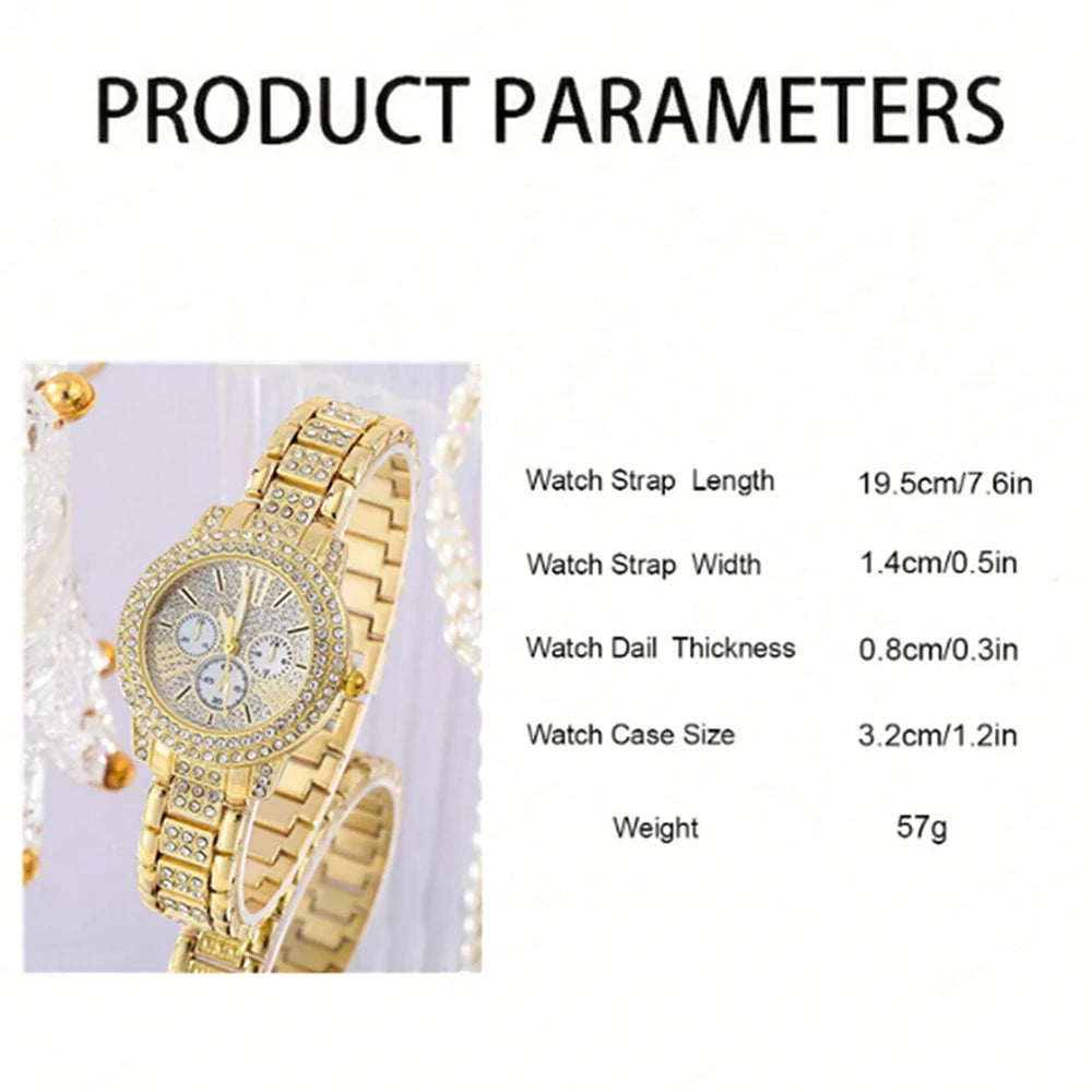 Women’s Quartz Watch & Jewelry Set – Gold Rhinestone Necklace, Ring & Earrings Luxury Fashion Wristwatch