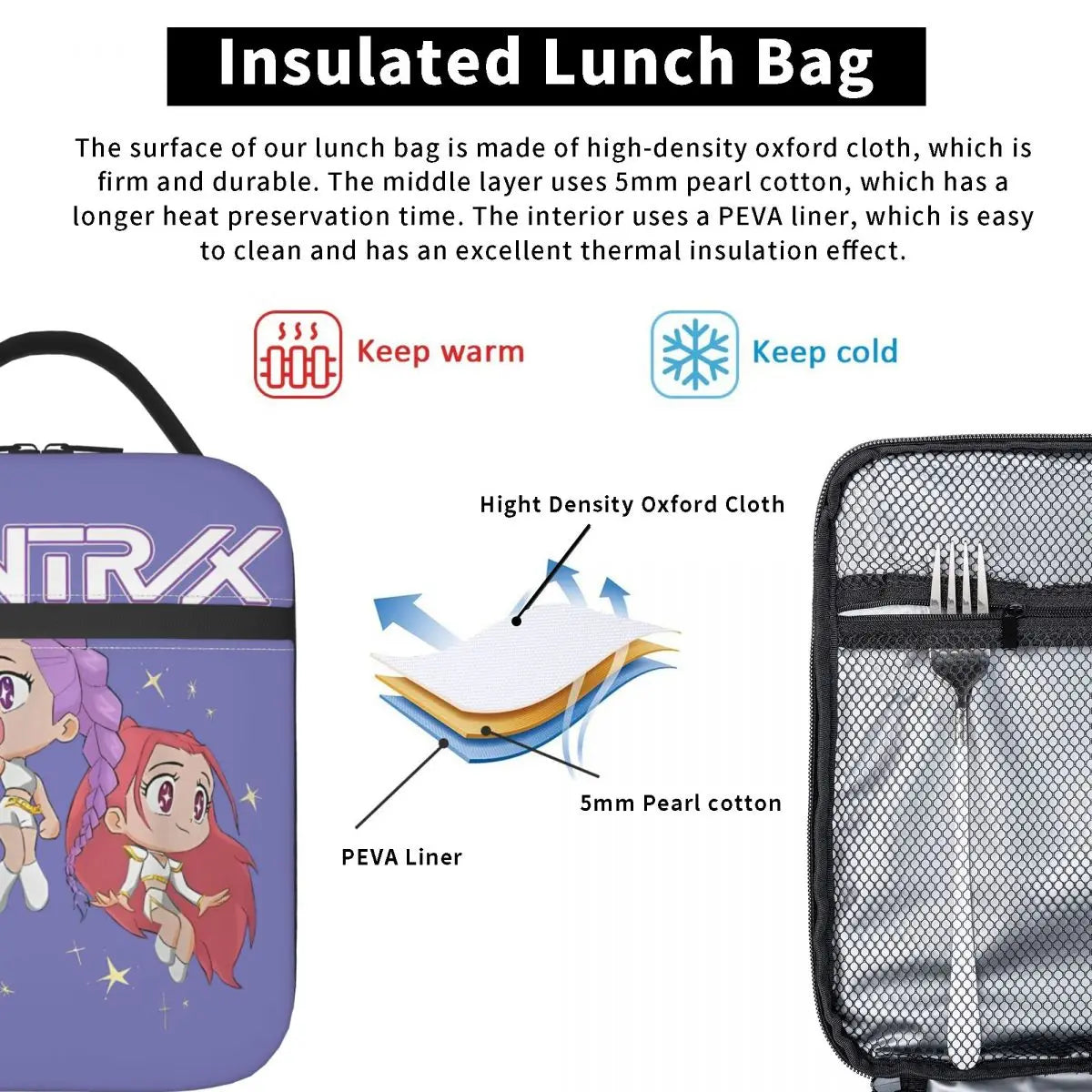Demon Hunters Cute Cartoon Lunch Bag – Insulated Thermal Tote for Kids, Portable Cooler Bag with Vintage Print