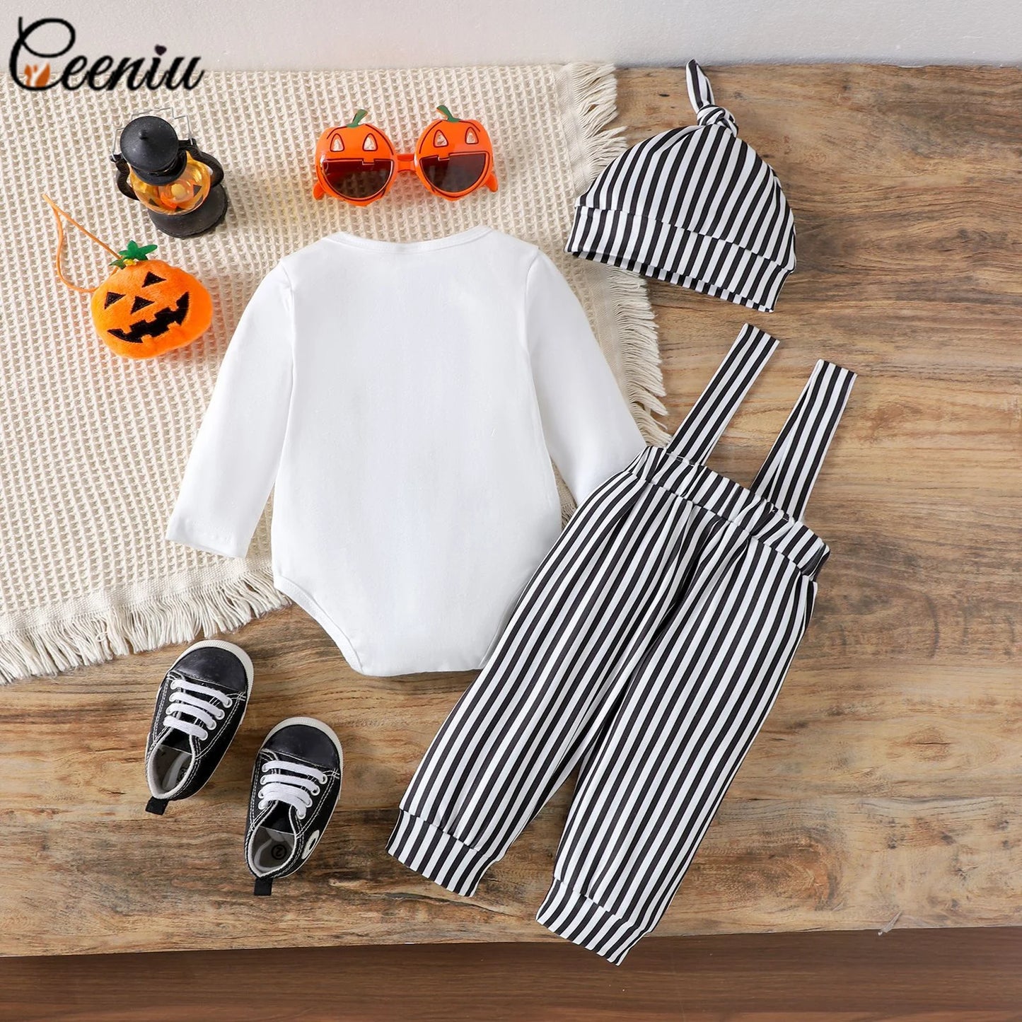 Ceeniu My First Halloween Baby Outfit – Boys Long Sleeve Letter Romper with Suspender Pants & Hat, Newborn Costume