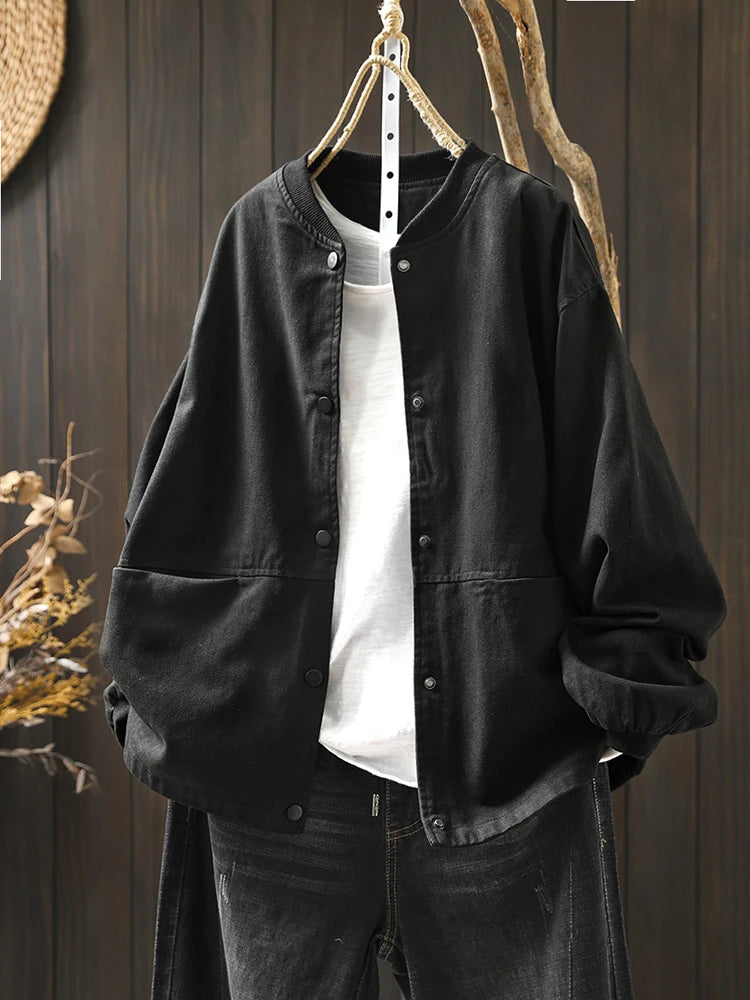 Women’s Casual Cotton Coat – 2025 Autumn Solid Color Loose Short Jacket with Double Pockets | Simple Everyday Style (T647)
