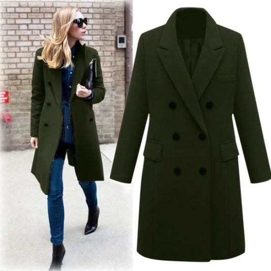Women’s Wool Officewear Coat – Elegant Double-Breasted Lapel Jacket | Autumn Winter Loose Solid Outwear