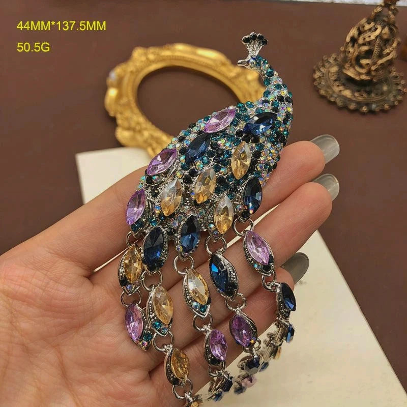 Peacock Phoenix Crown Tassel Brooch – Elegant Colorful Blue Gemstone & Rhinestone Pin Jewelry