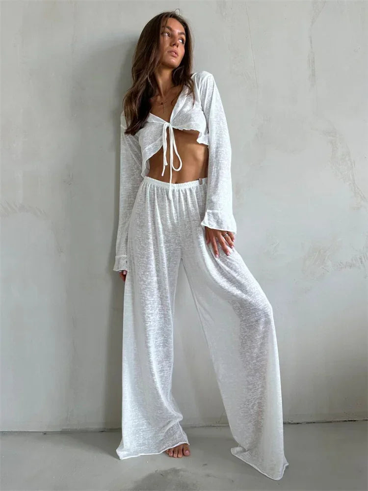 Women’s 2-Piece Fashion Set – V-Neck Lace-Up Long Sleeve Top & High-Waist Trousers | Casual Chic Outfit