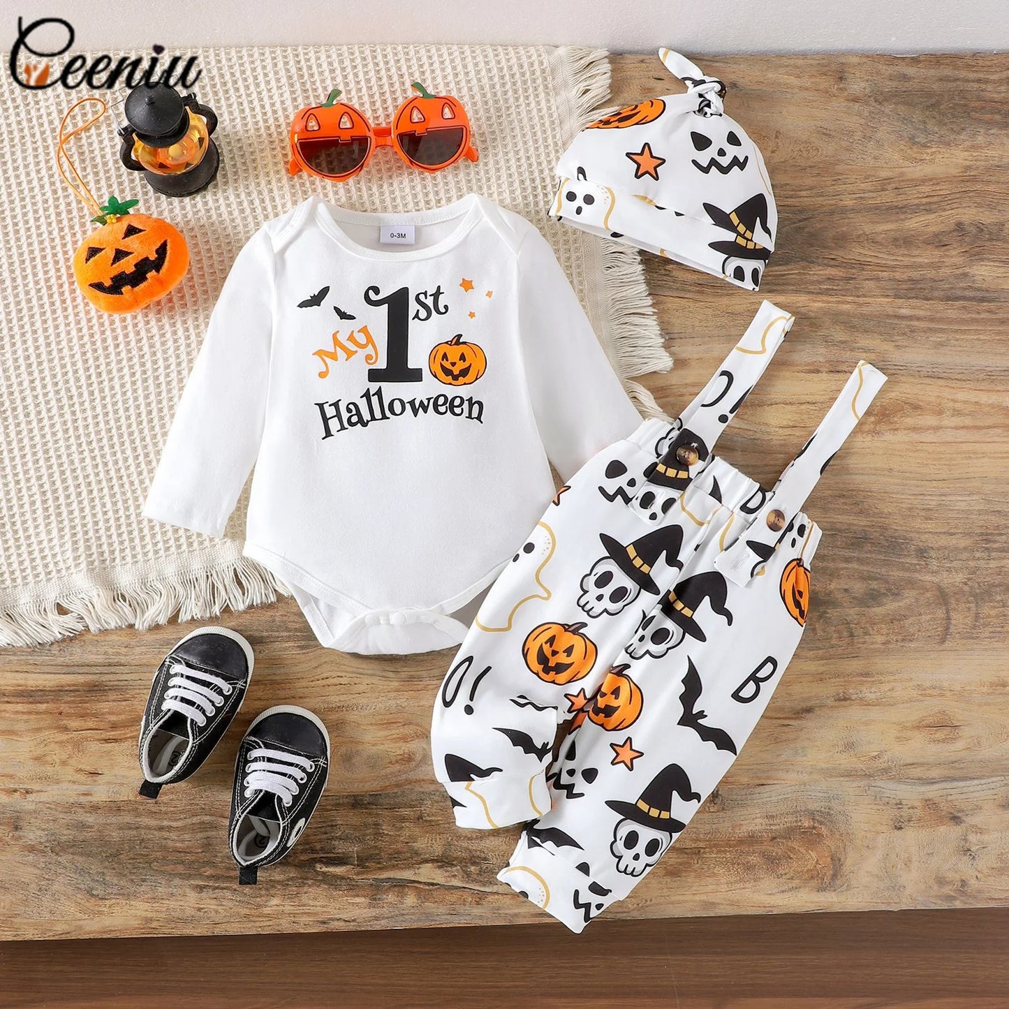 Ceeniu My First Halloween Baby Outfit – Boys Long Sleeve Letter Romper with Suspender Pants & Hat, Newborn Costume