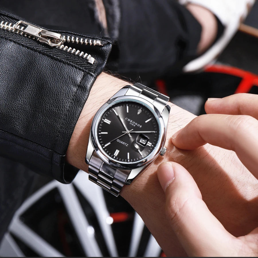 CHRONOS Luxury Men’s Stainless Steel Quartz Watch – Waterproof Luminous Date Wristwatch