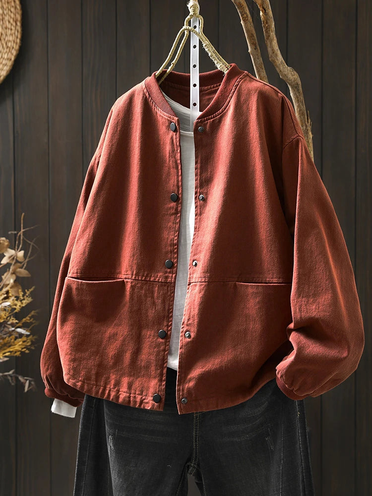 Women’s Casual Cotton Coat – 2025 Autumn Solid Color Loose Short Jacket with Double Pockets | Simple Everyday Style (T647)